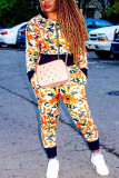 Orange Fashion Casual Print Patchwork Zipper Collar Long Sleeve Two Pieces