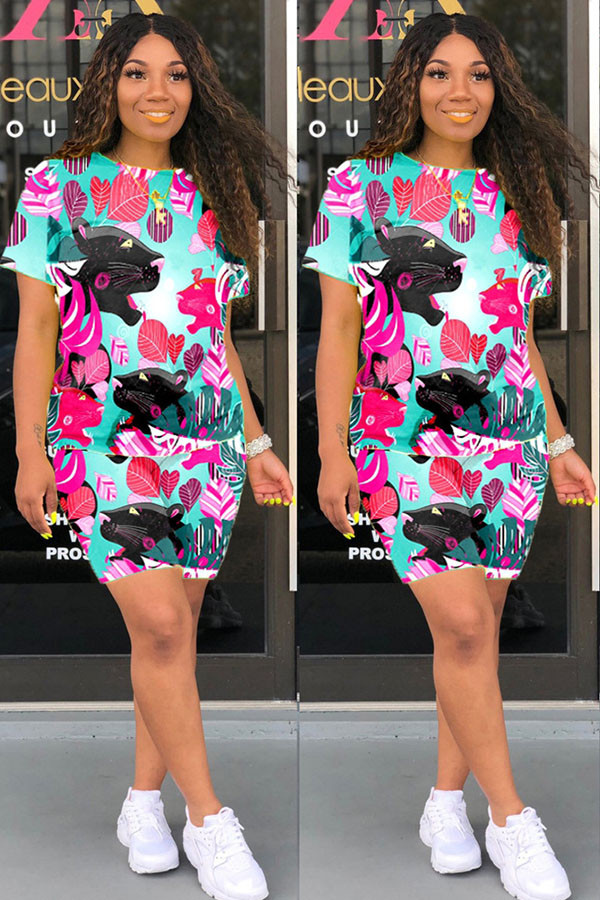 cartoon Cotton Fashion Sexy adult Ma'am Patchwork Print Character Two Piece Suits Lips Print Straight Short Sleeve Two Pieces