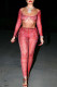 Red Fashion Sexy Print Strap Design Square Collar Long Sleeve Two Pieces