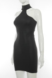 Black Sexy Solid Bandage Patchwork Frenulum Backless Halter Off The Shoulder Dresses Dresses