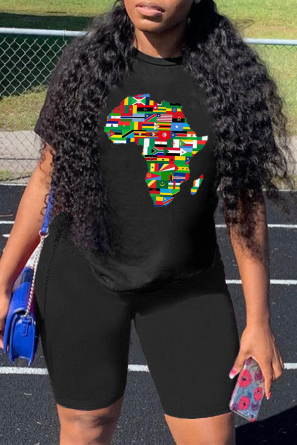 Black Fashion Casual Print Basic O Neck Short Sleeve Two Pieces