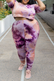 Purple Casual Patchwork Tie-dye O Neck Plus Size Two Pieces