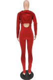 Red Casual Solid Patchwork Hooded Collar Long Sleeve Two Pieces