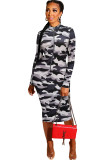 Grey Polyester Europe and America Cap Sleeve Long Sleeves O neck Step Skirt Mid-Calf Patchwork Solid Prin