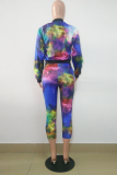 Colour Casual Patchwork Tie-dye Zipper Collar Long Sleeve Two Pieces