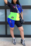 Blue Fashion Casual adult Letter Patchwork Print Two Piece Suits pencil Short Sleeve Two Pieces