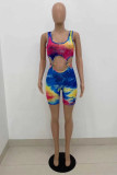 Multicolor Fashion Sexy Print Tie Dye Hollowed Out Strap Design U Neck Sleeveless Two Pieces