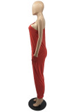 Red Casual Solid Backless One Shoulder Sleeveless Regular Jumpsuits