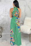 Green Sexy Fashion Patchwork Print Polyester Sleeveless O Neck Jumpsuits