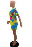 Yellow Fashion Casual Print Basic O Neck Short Sleeve Dress