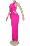 Rose Red Fashion Sexy Solid Hollowed Out Backless Slit Halter Sleeveless Dress