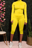Yellow Polyester Fashion Active adult Ma'am Solid Two Piece Suits pencil Long Sleeve Two Pieces