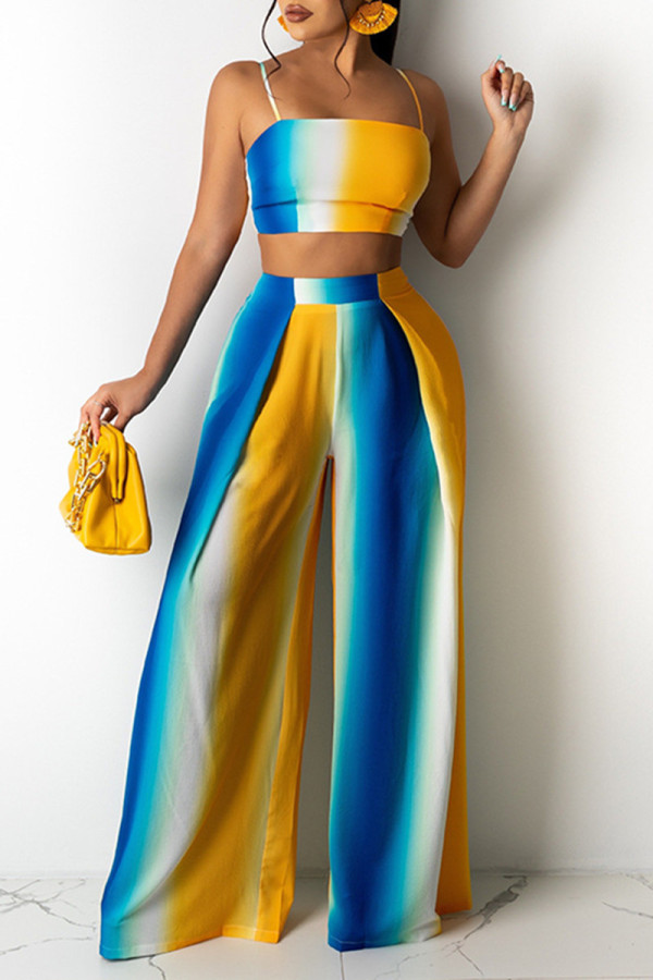 Blue Yellow Sexy Casual Striped Print Backless Spaghetti Strap Two Pieces