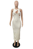 White Sexy Solid Hollowed Out Backless O Neck Sleeveless Dress