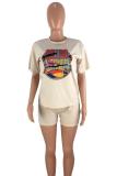 White Polyester Active Fashion Casual Print Patchwork Straight Short Sleeve