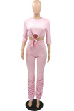 Pink Polyester Street Solid Draped Straight Half Sleeve Two Pieces