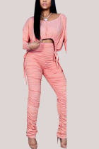 Pink Fashion British Style Adult Polyester Solid Draw String Fold O Neck Long Sleeve Regular Sleeve Short Two Pieces