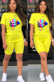 Yellow Fashion Active Print Two Piece Suits pencil Short Sleeve Two Pieces