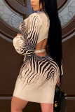 Apricot Sexy Print Backless V Neck Pencil Skirt Dresses