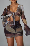 Black Sexy Print Bandage V Neck Long Sleeve Two Pieces