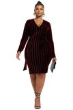 Wine Red Polyester Sexy Cap Sleeve Long Sleeves V Neck Asymmetrical Knee-Length Solid Patchwork Club Dresses