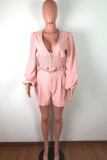 Pink adult Fashion Ma'am Sexy Two Piece Suits Patchwork Solid Straight Long Sleeve Two-Piece Shor