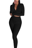 Black Sportswear Solid Patchwork O Neck Long Sleeve Regular Sleeve Short Two Pieces