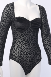 Black Sexy Leopard See-through Square Collar Skinny Bodysuits
