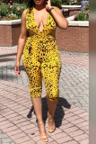 Yellow Sexy Print Bandage Patchwork V Neck Skinny Rompers