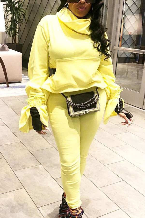 Yellow Sexy Solid Patchwork Turtleneck Long Sleeve Two Pieces