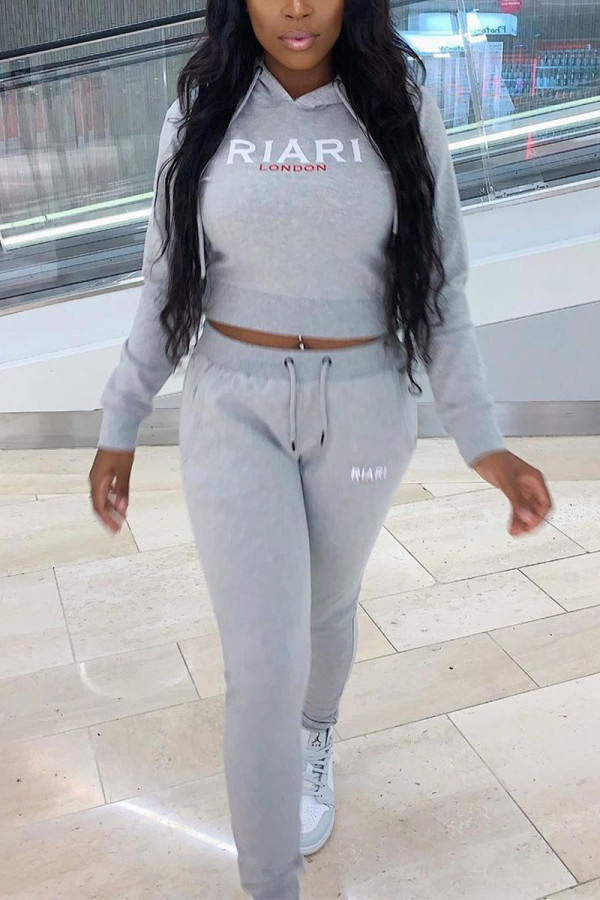 Silver Casual Print Hooded Collar Long Sleeve Two Pieces