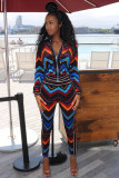 Multi-color Elastic Fly Mid Print Straight Pants Two-piece suit