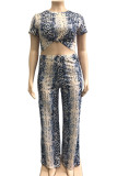 Blue Sexy adult Fashion O Neck Animal Prints Two Piece Suits Print serpentine
