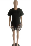 Black Fashion Casual Print Basic O Neck Short Sleeve Two Pieces