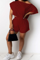 Wine Red Polyester Fashion Casual adult Ma'am Two Piece Suits Straight Short Sleeve Two Pieces