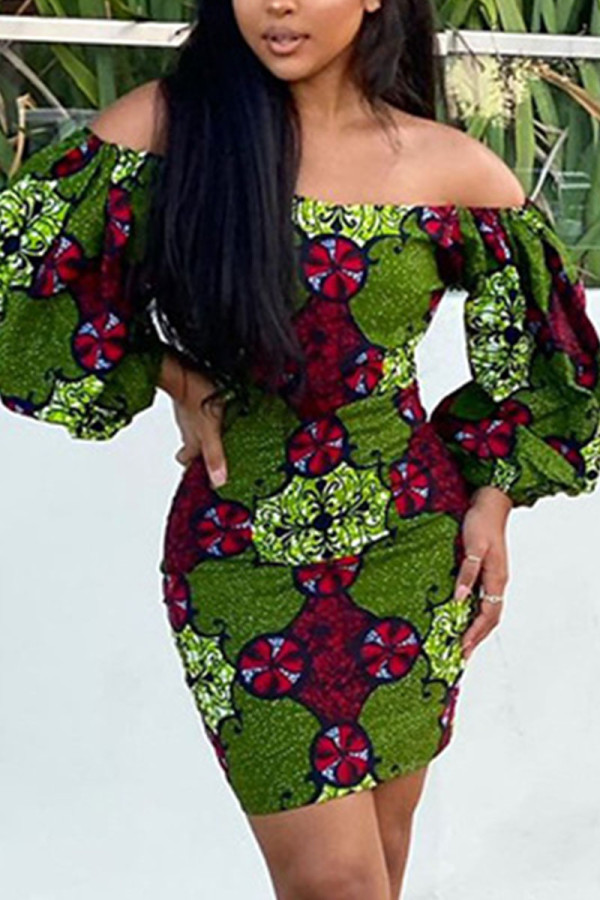 Green Work Print Bateau Neck Lantern Skirt Dresses