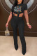 Black Fashion Casual Letter Print Fold O Neck Short Sleeve Two Pieces