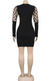 Black Sexy Party Polyester Gauze Pit Article Fabrics Patchwork Solid Split Joint See-through O Neck Long Sleeve Mini A Line Dresses