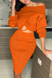 Orange Sexy Solid Split Joint Bateau Neck Long Sleeve Two Pieces
