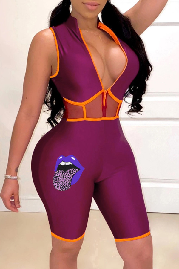 Purple Fashion Sexy Print Patchwork Zipper Collar Skinny Romper
