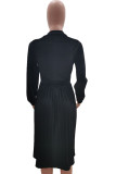 Black Polyester Sexy Cap Sleeve Long Sleeves Turndown Collar pleated Knee-Length Character Solid Long Sle