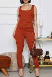 Orange Fashion Casual Solid Fold Strap Design Square Collar Regular Jumpsuits