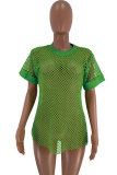 Green O Neck Short Sleeve Solid Patchwork HOLLOWED OUT Tees & T-shirts