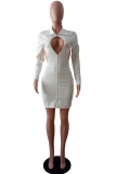 White Sexy Solid Hollowed Out Split Joint Backless Mandarin Collar Pencil Skirt Dresses