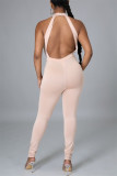 Light Pink Sexy Casual Solid Hollowed Out Backless O Neck Skinny Jumpsuits