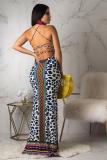 Blue Polyester Fashion Sexy Spaghetti Strap Sleeveless Slip Step Skirt Floor-Length Leopard macrame split