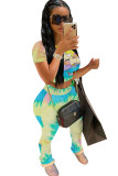 Red Fashion adult Ma'am Street Patchwork Print Tie Dye Draped Two Piece Suits pencil Short Sleeve Two Pieces