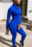 Deep Blue Fashion Casual Solid Basic Zipper Collar Long Sleeve Two Pieces