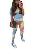 blue and yellow Polyester Fashion Casual adult Patchwork Print Tie Dye Two Piece Suits pencil Short Sleeve Two Pieces