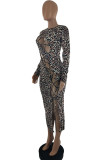 Leopard print Sexy Print Bandage Hollowed Out O Neck Pencil Skirt Dresses